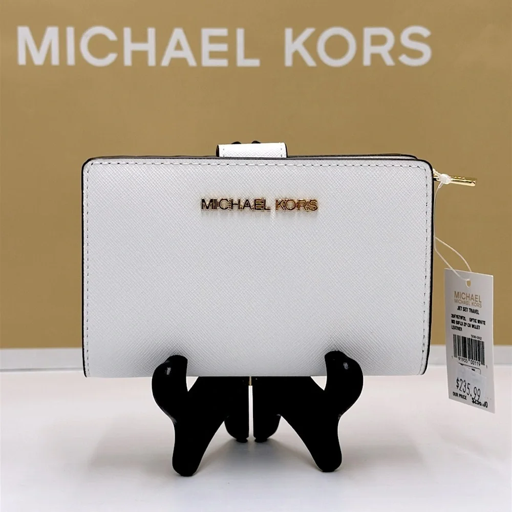 Michael Medium Crossgrain Leather Bifold Wallet Optic White  NWT